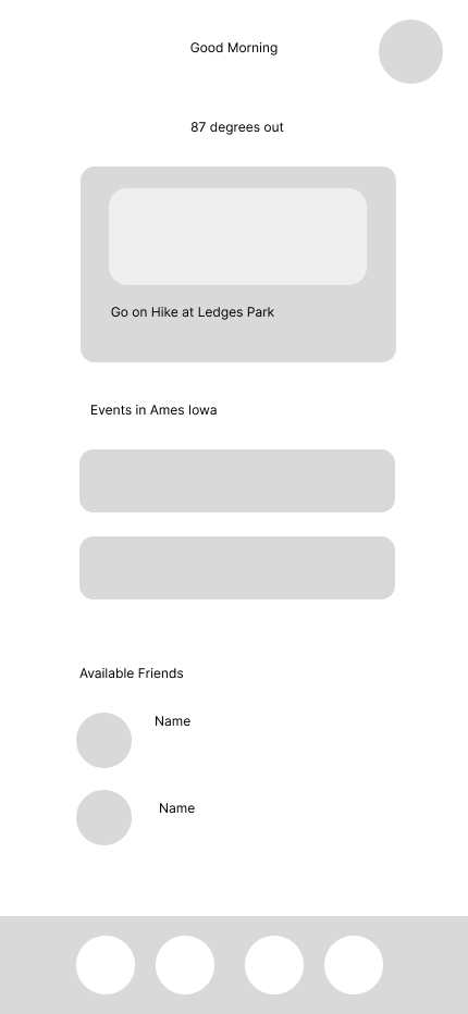 Low fidelity wireframe design for Reconnect app landing page